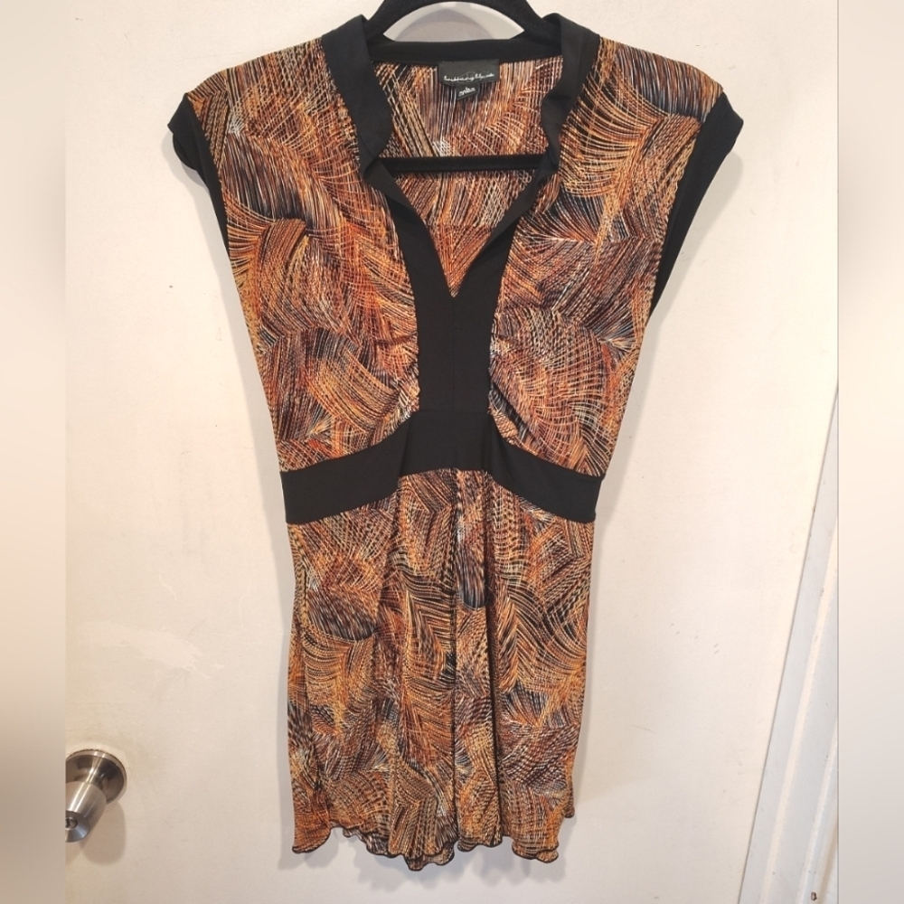 Brittany Black Orange Babydoll Y2K Style Tie Back Tunic Top Sz L Casual Travel